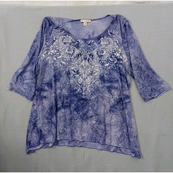 db Womens Top Blouse 2X Purple Floral Rhinestone Sparkle Sharkbite Hem - Picture 1 of 9